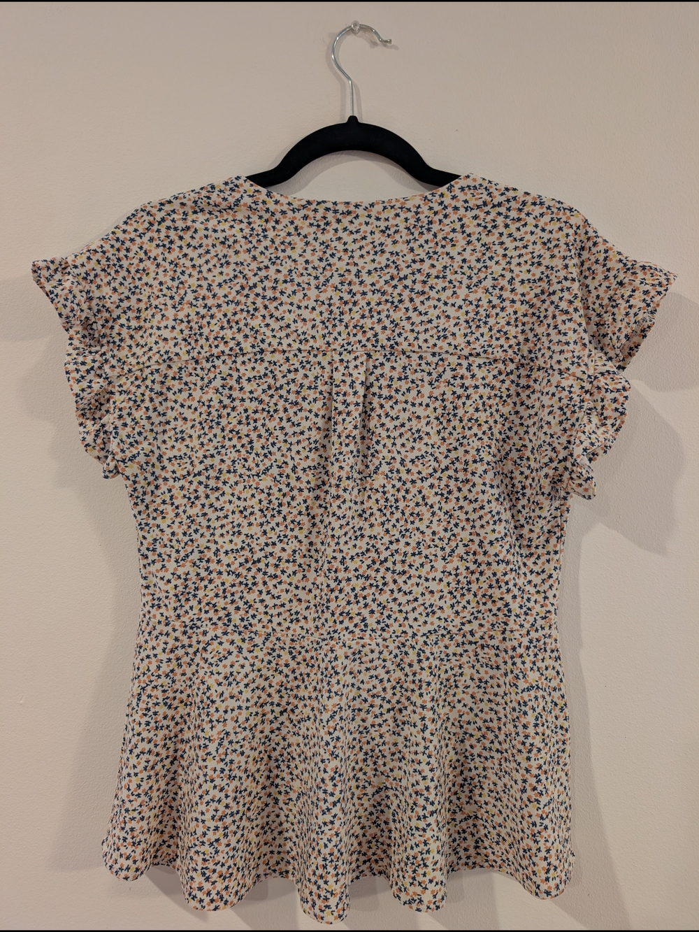 Monteau Cream Floral Wrap Peplum Blouse with Blue & Tan Print - Picture 2 of 3